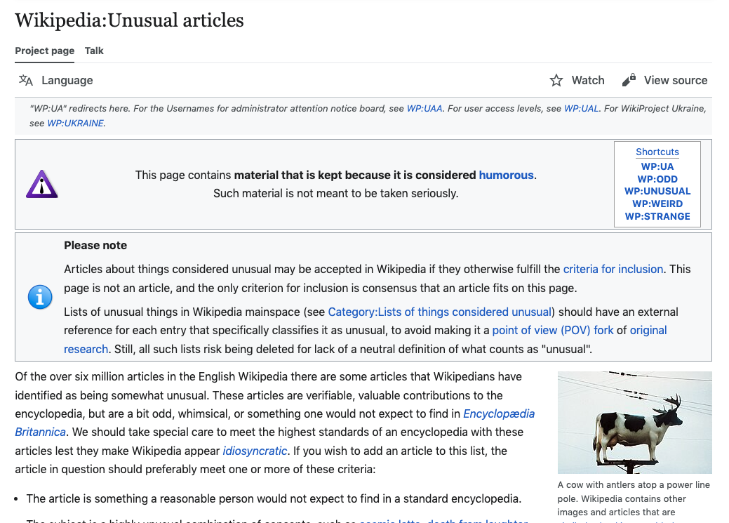 Wikipedia:Unusual articles is an absolute goldmine